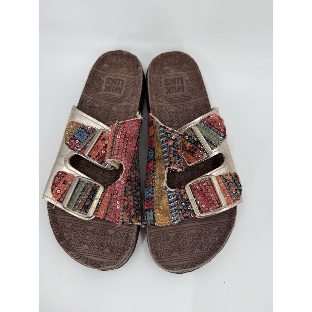 Muk Luks Sequin Buckle Sandals Slip On Open Toe Geometric Comfy Slides Size 7